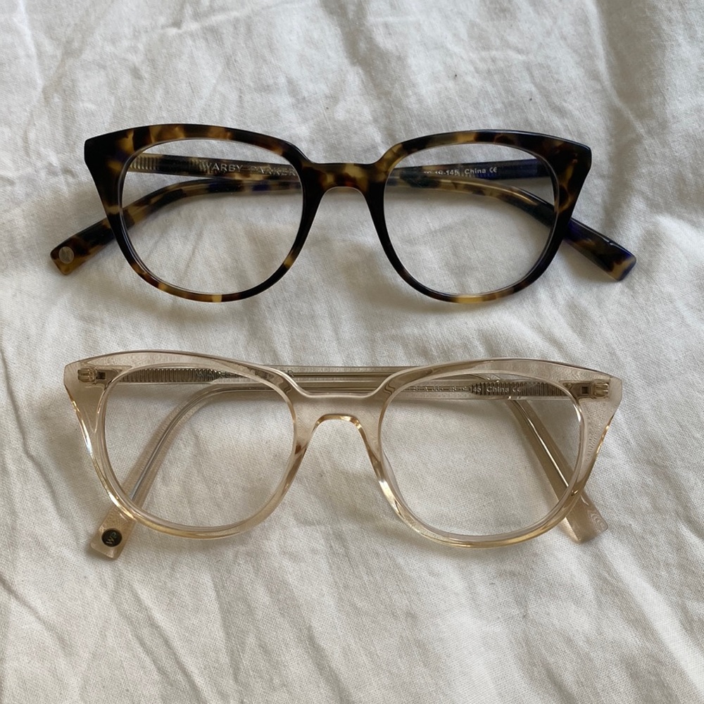 Warby Parker Chelsea glasses clear grapefruit tortoise